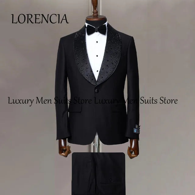 2 Pieces Sparkly Jewelry Ornament Tuxedos Men Suits Wedding Groom Dinner Party Shawl Lapel Male Prom Blazers Ternos Completo