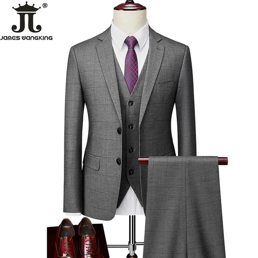 (Blazer+Vest+Pants) High-end Brand Men's Formal Business Checked Suit 3-piece Set Groom Wedding Dress Party Host Grid Gray Suit